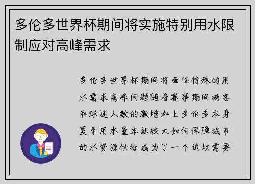多伦多世界杯期间将实施特别用水限制应对高峰需求